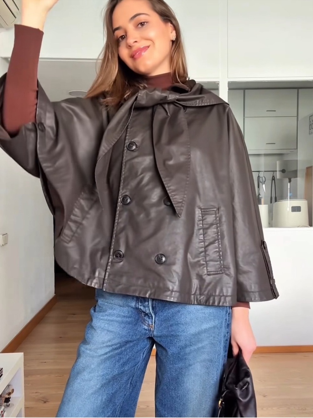 Zara Dark Brown Faux Leather Cape Jacket with Tie Collar